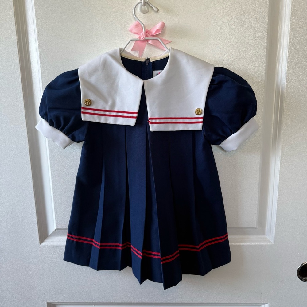 🚢VINTAGE 80s Navy Blue Sailor Dress with Red Stripes large collar 24 months 2 T